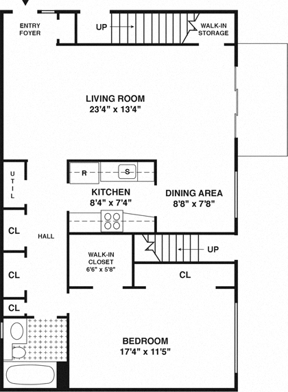 Floor plan for 1 bed, 1 bath, 999 sqft